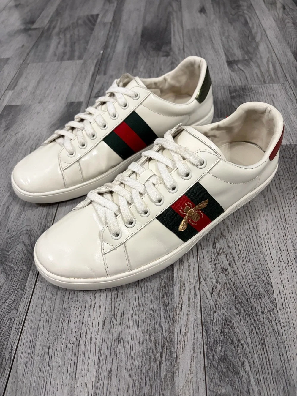Gucci Ace White Leather Sneakers with Green & Red Stripe and Gold Bee